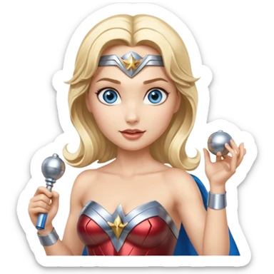 Blonde blue eyes Wonder Woman holding bell and short, skinny white baton sticker