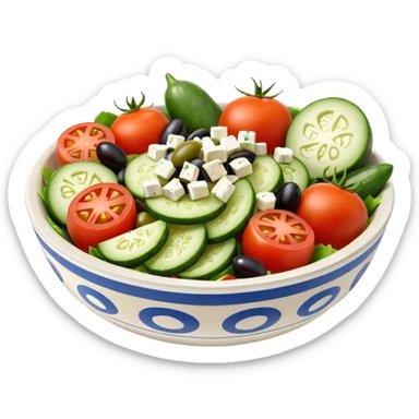 mediterranean salad bowl object icon, tomatoes, cucumbers, olives, feta cheese, olive oil dressing, 3D cartoon, mobile game icon style, clean background, no text, no watermark
 sticker