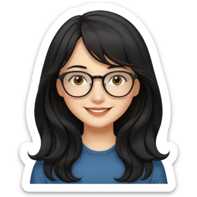 Please generate a portrait of a pretty girl with long, wavy, black hair. She's smiling. She also wears a middle parting and bangs. with glasses sticker