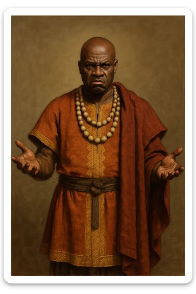 Сгенерируй мне афроамериканца в национальном африканском СРЕДНЕВЕКОВОМ костюме, с бусами лысого,  . Строго в анфас. Его лицо чуточку недовольно, а руками он размахивает и разводит в сторону. На однородном фоне. В стиле реалистичной живописи. Он полностью помещается в экран и не обрезается краями изображения sticker
