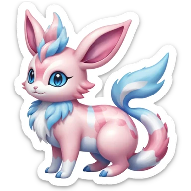 Feral Rare Fantasy cute realistic adorable pastel pink light-blue white iridescent Sylveon-Milotic-Minccino-Espurr-Vernid-hybrid by LiLaiRa, markings, full body sticker