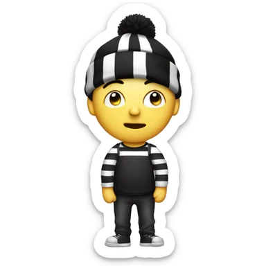a person with black eye mask, a black beanie, white and black striped shirt with a money bag over his shoulder sticker