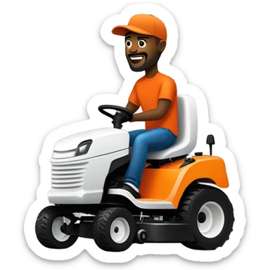 Black skin guy with beard, orange shirt, orange hat, black jeans and white jordans lowing a lawn with red and black lawn mower sticker