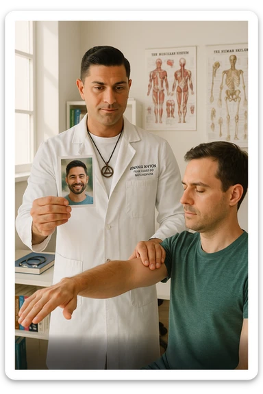 a middle-aged man, dressed in casual professional attire, is in a bright, organized therapy studio. Durante una visita di kinesiologia, il ragazzo tiene con una mano la foto di una persona lontana (il “testimone”) tiene la foto in mano, mentre con l’altra mano esegue un test muscolare su un cliente presente senza foto lui non tiene la foto. Sullo sfondo si vedono libri di kinesiologia, poster anatomici e strumenti tipici della disciplina. L’atmosfera è concentrata e serena, con luce naturale che entra dalla finestra, sottolineando l’aspetto alternativo e umano della pratica. sticker