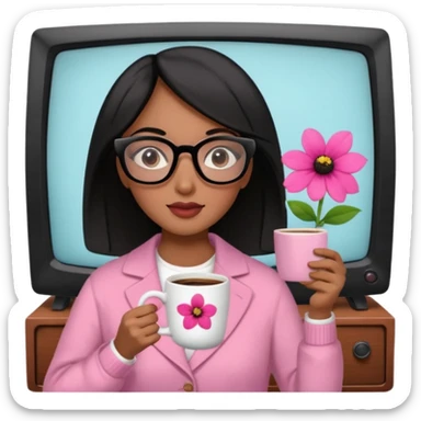 Chica de pelo negro ojos negros y piel morena con lentes oversize square GAFAS DE LEER BIEN GRANDES , en la mano derecha una taza de cafe en color rosa con una flor negra de diseno. Sentada mirando un drama koreano en la television.  sticker