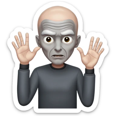 Rick Astley with bald grey head possessed by a demon because there is fingers in front of his face and he has no pupils and his head and body and clothes are gray and the background is pitch black sticker