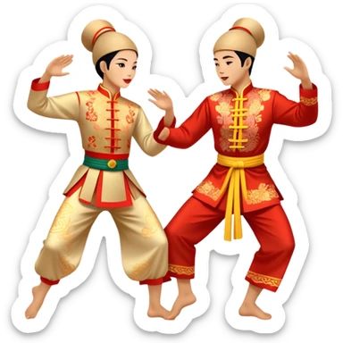 Cinematic Realistic scene of two performers executing a traditional Vietnamese folk dance, adorned in intricately patterned traditional costumes, captured in fluid motion with soft, culturally rich lighting sticker
