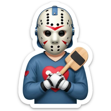 a cartoon image of Jason Voorhees, looking cute, with his hands clasped in front of him, at a sideways angle, looks like he is in love sticker