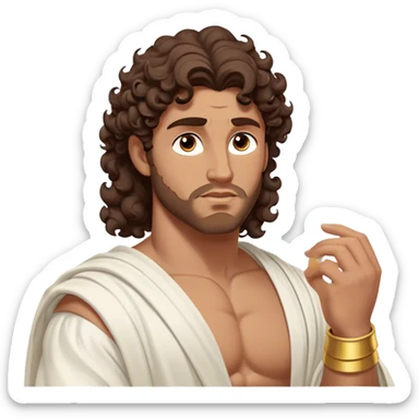Cinematic Realistic Hercules Portrait, depicted as a classical Greek hero inspired by the Disney version yet echoing the refined proportions and serene dignity of Michelangelo's David. His idealized, tan skin glows with timeless strength, and his thick, curly wavy dark brownhair falls in natural, sculpted curls. Draped in a flowing white robe with delicate golden accents, his expressive eyes radiate determined nobility, all rendered under dynamic natural lighting with a mythic, radiant glow. sticker