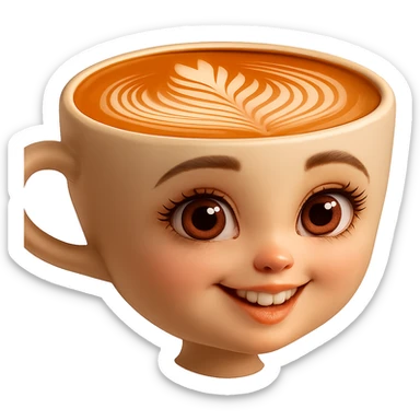 Edita la imagen para que el personaje de la taza de café  MANTENGA exactamente su estilo original,  y colores según la imagen de referencia. ELIMINA FONDO PARA QUE QUEDE TIPO EMOJI NO DBE TENER CUELLO.EL AZA O MANGA DE LA TAZA  DEBE SER COMPLETAMENTE VISIBLE sticker