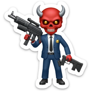 A Demon from hell that is dressed like a fbi agent with a machine gun, full body pointing the machine fun to the left. In the style of your bleeding skull artwork. Just one machine gun sticker