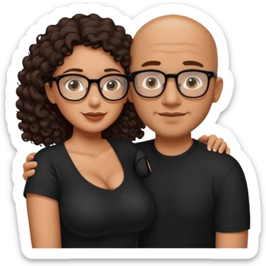 A picture of an embracing tanned couple. the man is a Mexican man with tanned skin, with a bald hair cut, short beard and wearing a black shirt. the woman is short with long curly dark brown hair and with big boobs. Put glasses on the woman only. The man doesn't have glasses. sticker