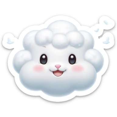 Cinematic tiny puffy bunny-shaped cloud, floating gently in the sky, soft glowing light, tiny rounded ears, smiling face, dreamy and magical. sticker