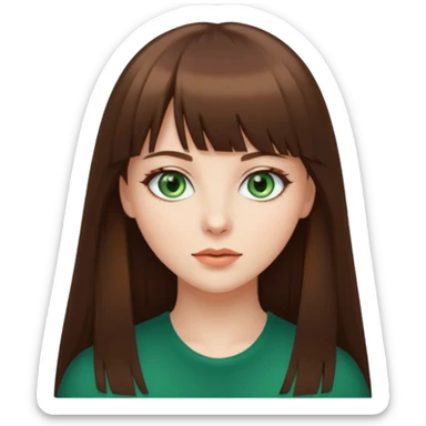 beautiful woman, straight long brown hair with bang, green eyes  sticker