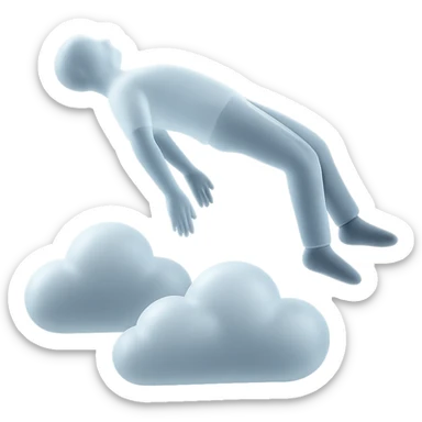 unconscious person side view flying upwards by torso, arms and legs down, very bright white fluffy convex clouds, matte glass style sticker