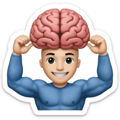 Un cerveau avec un immense sourire blanc, de beaux yeux noirs et de gros bras musclés qui sortent du cerveau sticker