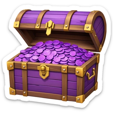 wooden brown treasure chest filled with  purple coins pack in gradient sticker
