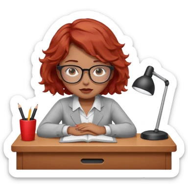 Pretty model, brown eyes, soft red short wavy hair, falling asleep at desk, wearing glasses sticker