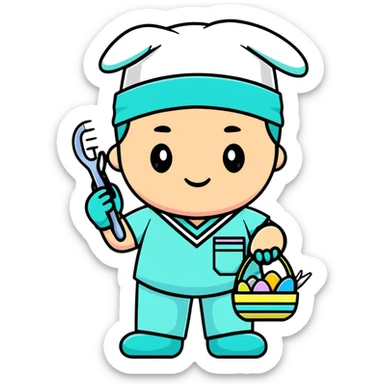 plastic surgeon in pastel scrubs with Easter basket and surgical tools sticker