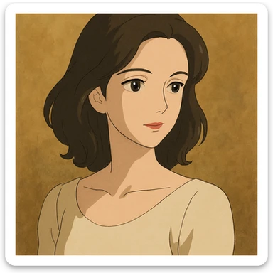 tasteful portrait of a brunette woman, soft lighting, elegant expression, color illustration, ghibli style sticker