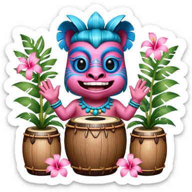 Pixar style little Blue and pink tiki singing with bongos and tropical flowers, ultra detailed and lifelike imagery, realistic sticker