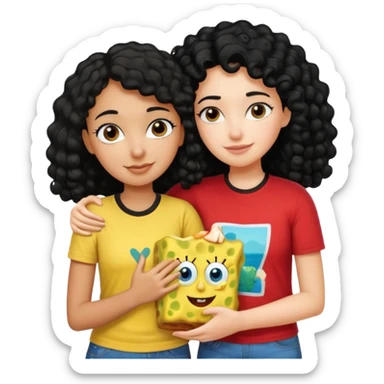brown girl with black curly hair hugging a white girl with black straight hair and they’re both wearing spongebob shirts  sticker