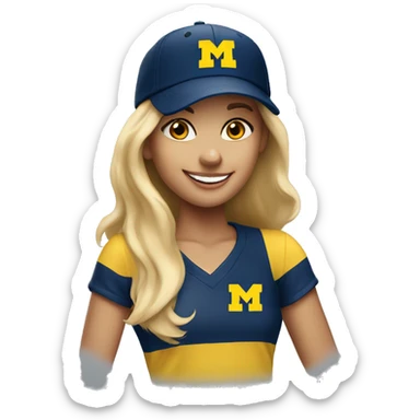 Blonde girl with blue eyes smiling wearing University of Michigan ball cap sticker
