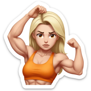 a muscular girl with veins popping on her forehead doing a muscular posing sticker