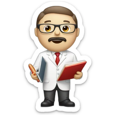 A professor with white suit and red tie and a panda eating hotdogs and holding a book sticker