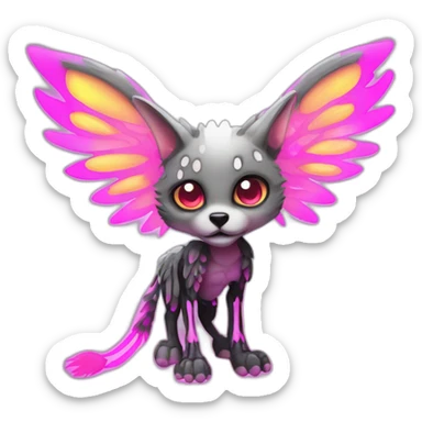 Coyote ocelot standing with grey and black fur and phoenix wings on back and pink ears half skeleton zombie, neon lights sticker