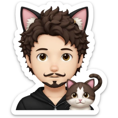 white boy with cat tail with goatee hair and cat ears with dark brown hair and anime features woth curly hair  sticker