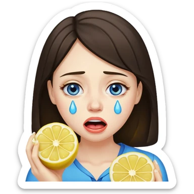 woman crying eating lemon. make tears blue color and brunette sticker