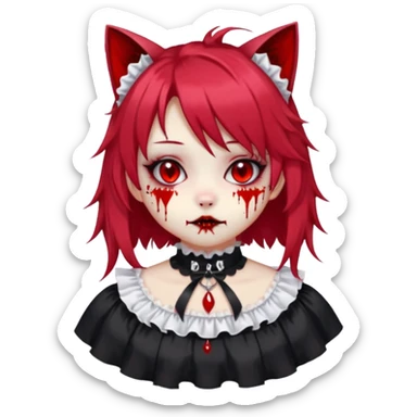 Shiny furry beautiful cute cool gorgeous attractive cute gothic anime cat-girl-Lolita-lady in Lolita dress with bloody hair, bloody lips, bloody face, blood-choker, spiked collar, frills, black dress, red rubies, messy tousled hair  sticker