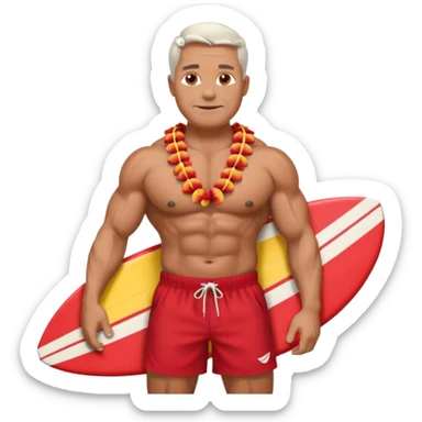 50 year old muscular man with red shorts and a shell lei surfing sticker