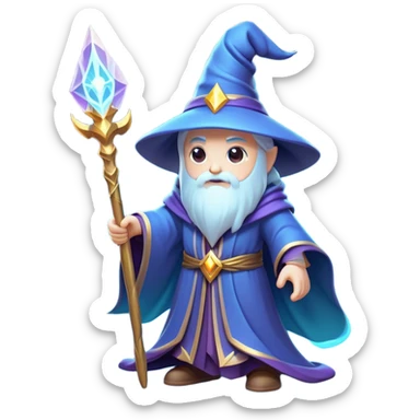 Clash of Clans aesthetic: Cinematic Playful Wizard Hero Emoji, rendered in a 3D vector-style similar to standard emojis with minimal shading and bold, simplified shapes. A compact, isometric figure draped in flowing enchanted robes and wielding a mystical staff, softly glowing with an arcane magical charm. Simplified yet unmistakably iconic, highly detailed and consistent, glowing with a soft radiant glow and high shine. Stylized with a touch of whimsical sorcery and a soft glowing outline, capturing the essence of a powerful wizard ready to cast spells with a friendly, playful spirit! sticker