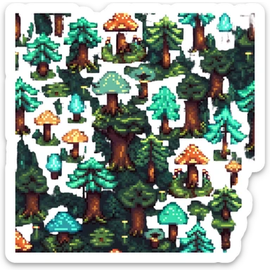 enchanted forest with tiny glowing mushrooms and mysterious trees sticker