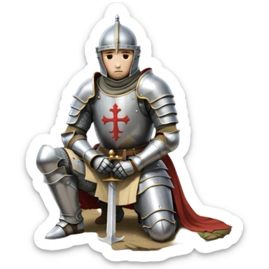 A lone medieval knight in plate, worn armor kneels. His helmet is closed, hiding his face, conveying silence, exhaustion and contemplation. A long sword is planted in the ground beside him, its hilt resting near his gloved hands as if he is praying or resting after battle. sticker