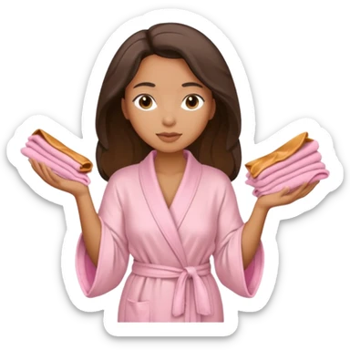 Mixed-race woman with caramel skin, wearing a beige silk robe, folding pastel pink towels sticker