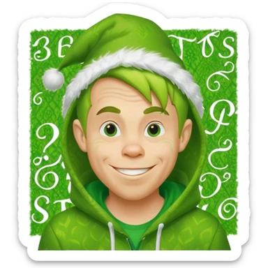 Create an avatar of white European male in hoodie with ``BST`` letters on it. Make background to look like from movie Grinch sticker