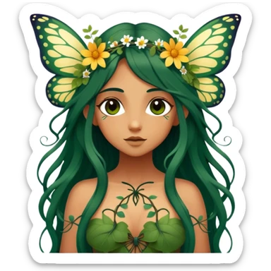 Cinematic Realistic Forest Nymph Fairy Portrait, depicted with lifelike, sun-kissed tanned skin that radiates an earthy glow, softly illuminated by natural, dappled light. Her long, flowing dark green hair is intricately detailed and interwoven with delicate vines and wildflowers, while her deep, soulful eyes mirror the wisdom of the forest. Dressed in an attire inspired by nature’s palette—with subtle botanical motifs—the portrait exudes a soft, enchanted glow that melds realism with woodland magic showing her large butterfly wings from her back. sticker