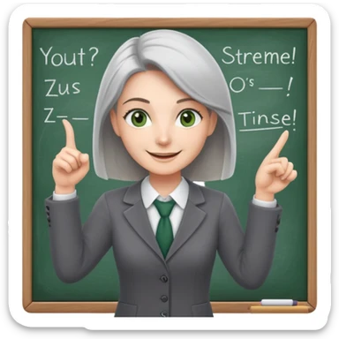 smiling English teacher with airtouch hair and grey-green eyes pointing at a chalkboard with present simple tense table sticker
