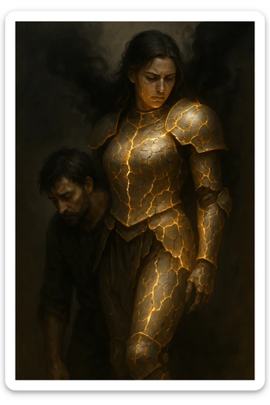 Vertical format: A woman with a glowing armor cracking under the weight of the man's negative energy, he has a defeated posture. sticker