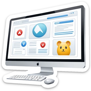 Modern icon for Web Design: computer screen with a website layout, design tools like a mouse and a stilus, web elements such as icons and wireframes. Transparent background. sticker