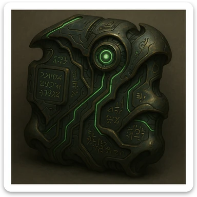 A S'pht Pfhor dialect radio transmission compiler: a mysterious, alien device inspired by the Marathon game universe, featuring intricate glyphs, glowing energy lines, and a mix of organic and mechanical elements. The device looks advanced and enigmatic, with a sci-fi aesthetic, subtle green and gold highlights, and a sense of ancient technology. sticker