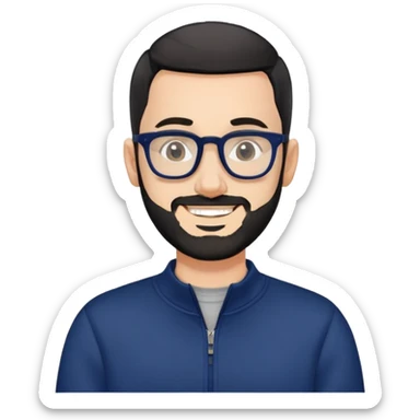Fair-skinned man with extremely short black hair (very close buzz cut), short salt and pepper beard, large black-framed glasses, smiling, wearing navy blue long sleeve zip sweatshirt sticker