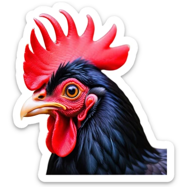 Cinematic Comical Black Rooster Portrait Emoji, Head tilted dramatically with an exaggeratedly shocked or amused expression, featuring a striking pure black plumage with a bold red comb, wide, expressive eyes filled with playful disbelief, Simplified yet hilariously expressive features, highly detailed, glowing with a slightly sassy glow, high shine, dramatic yet playful, stylized with an air of cheeky mischief, bright and endearing, soft glowing outline, capturing the essence of a spirited and over-the-top rooster, so meme-worthy it feels like it could crow its way into internet fame instantly! sticker