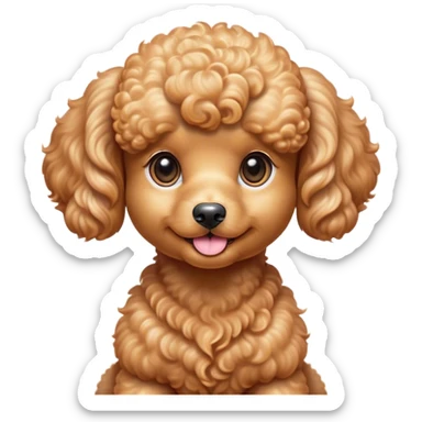 Cinematic Cute Apricot Poodle Portrait Emoji, Head tilted playfully and inquisitively, showcasing a bouncy, curly apricot Fur with a luminous sheen, round, sparkling warm eyes filled with curiosity, Simplified yet irresistibly adorable features, highly detailed, glowing with a warm, friendly glow, high shine, affectionate and lively, stylized with a touch of whimsy, bright and endearing, soft glowing outline, capturing the essence of a mischievous yet loving companion, so playful it feels like it could bounce out of the screen and into your arms! sticker