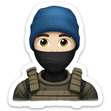 male, pale skin, face mask, camo tactical gear, combat boots, black beanie, blue eyes sticker