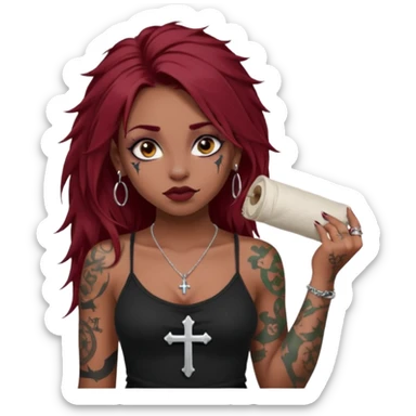 generate an ios genmoji of a dusky girl with long dark red messy hair with eyeliner on her eyes.  septum piercing, wearing a cami black top, has tattoos, on shoulders. ear piercings. wearing a cross silver necklace. carrying a big roll of fabric  sticker