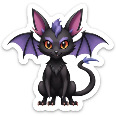 Black dark spooky badass cool shiny glossy smooth soft Black edgy Noivern-Noibat-Purloin-Torracat-Lykoi-Caracal-cat-Fakemon-fusion-hybrid-creature with bat wings on head as ears, big fangs, gothic markings sticker